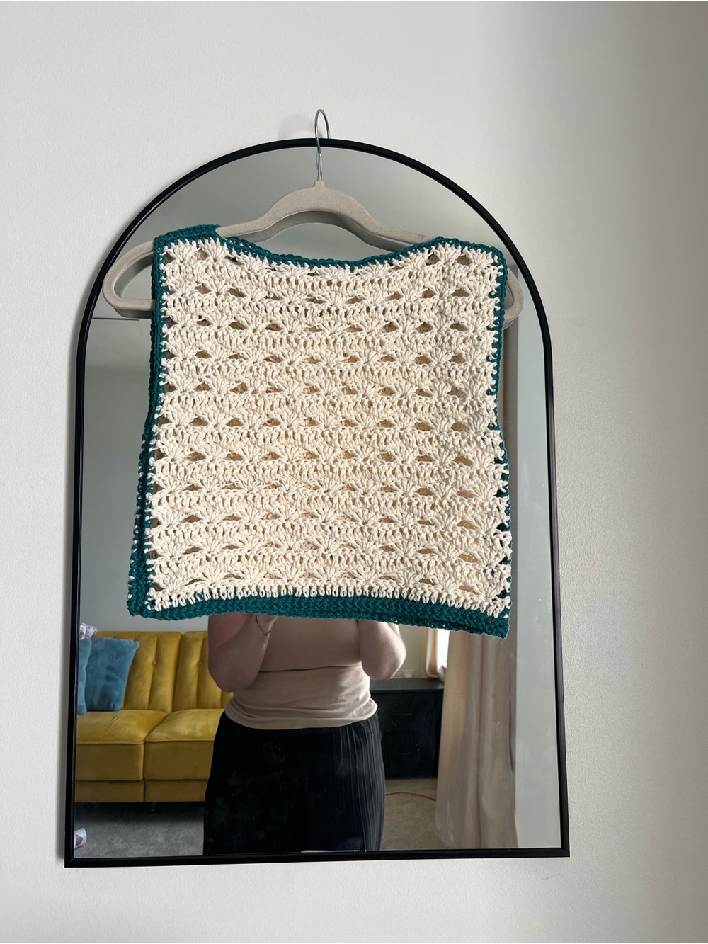 Handmade Crochet crop top in Cream with Teal Trim